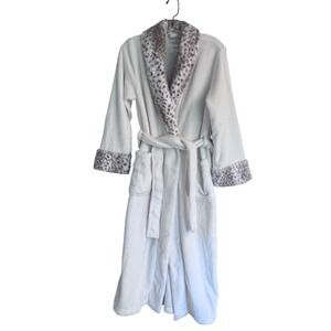 Carole Hochman Womens White Plush Fleece Robe Faux Fur Leopard Trim Small